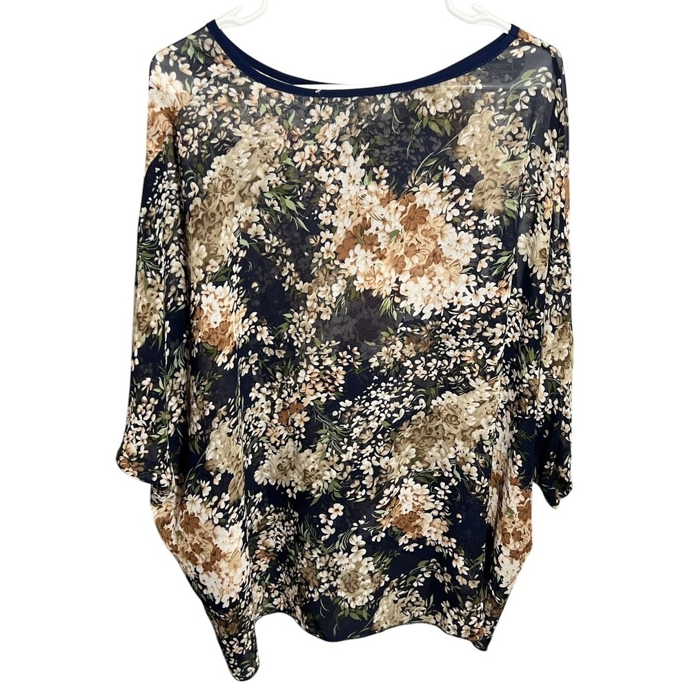 Women's Floral Sheer Chiffon Blouse Top Navy White Brown Green Relaxed Fit‎